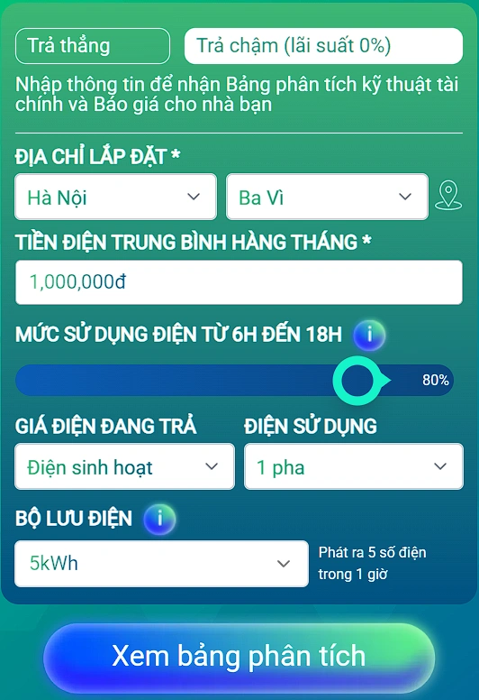 Nhập thông số tính toán lắp đặt điện mặt trời tại ba vì